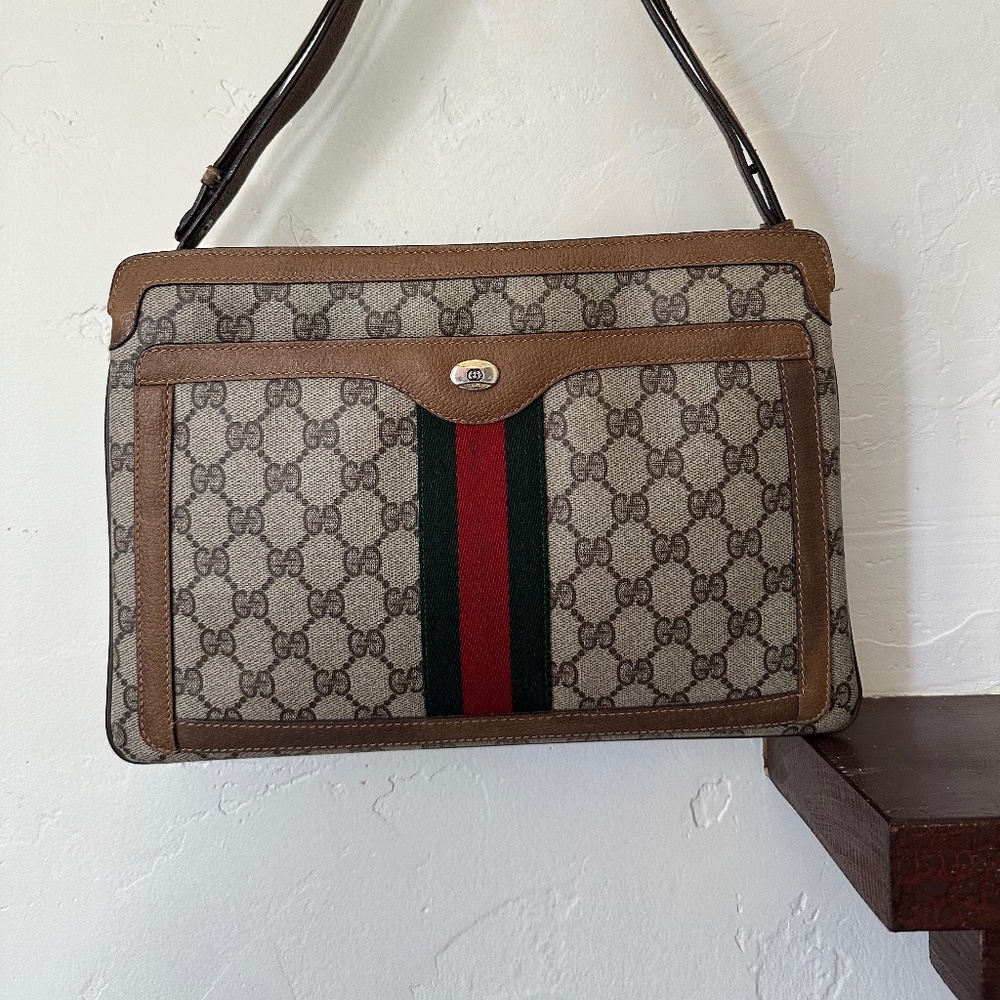 VINTAGE GUCCI OPHIDIA WEB STRIPED GG MONOGRAM CANVAS LEATHER